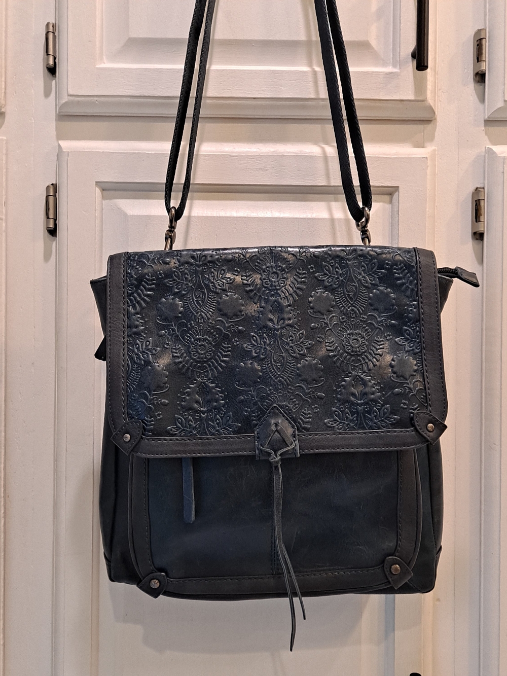 The Sak Ventura II Convertible Backpack Indigo Blue Leather Floral Embossed Bag